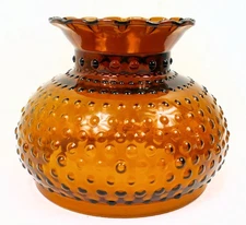 Vintage 7" Fitter Amber Hobnail Crimp Top Glass Hurricane Oil Student Lamp Shade