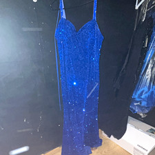 Blue Long Sequin Strappy Gown Dress V-Neck Li...