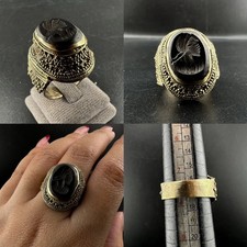 Near Eastern Brass Ring Handmade With Roman Intaglio Face King Black Stone