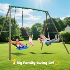 Hapfan 9.5ft Tall Heavy Duty A-Frame Metal Swing Set with 3 Swings Trapeze Bar
