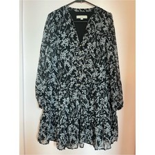 LOFT Black and White Floral Tiered Long-Sleeve Dress