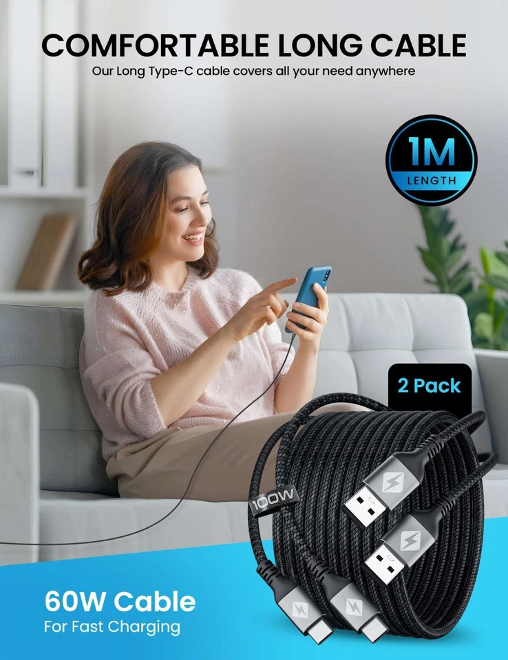 USB C Type C to USB A Charger Cable Charging Cord For iPhone Samsung 1m 2m 3m - image 4 of 4