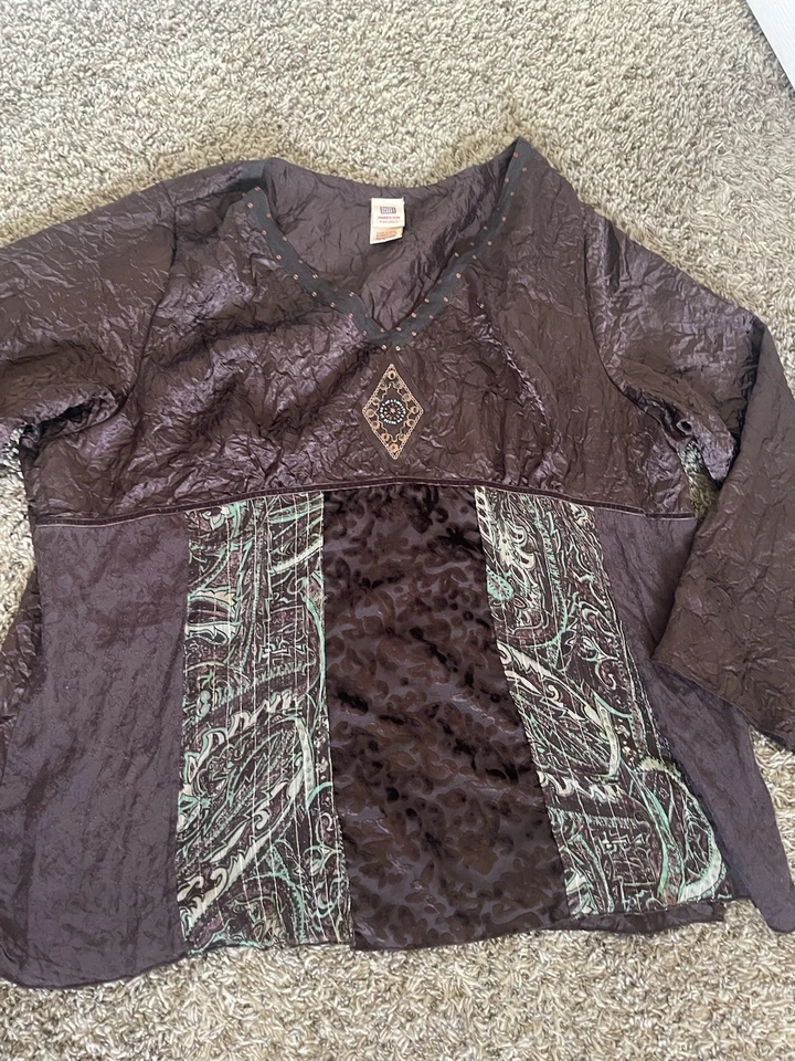 2000s/Y2K 3X-4X Desteñido Gloria Mujer Marrón/Verde Cuentas, Multi-Tela, Top Boho Foto 3 de 4