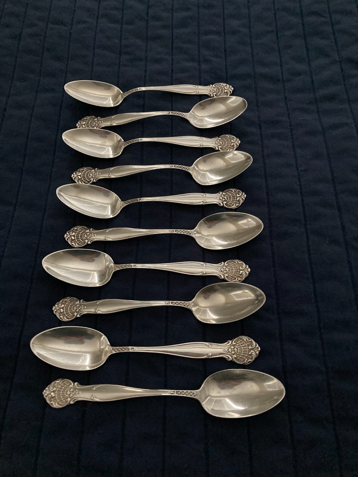 Ten sterling silver teaspoons in the Stuart pattern by Towle, 5 1/2