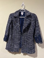 CHICOS Sz 1/M Blue Jacket Blazer Tweed 3/4 Sleeve Lace Trim Open Front Lined i