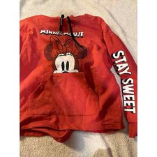Disney Minnie Mouse Hoodie Women SZ L Red Drawstring Kangaroo Pocket Cotton