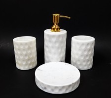 NEW 4 PC SET GOLD+WHITE MARBLE SOAP DISPENSER+DISH+TUMBLER+TOOTHBRUSH HOLDER