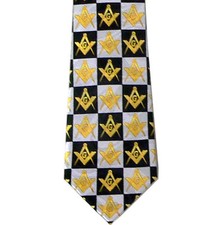 Masonic Neck Tie - Black and White Polyester long tie with Checkerboard design