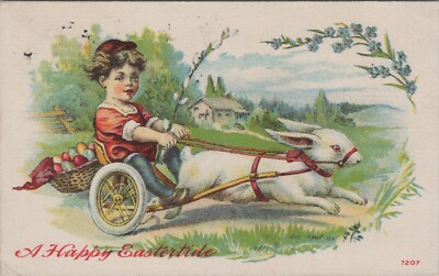 Easter White Rabbit Red Eyes Pulling Girl in Cart Eggs Basket 1911 postcard DQ6