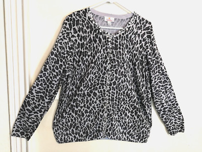 Quacker Factory Womens Cardigan Sweater L Gray Black Animal Print Rhinestones