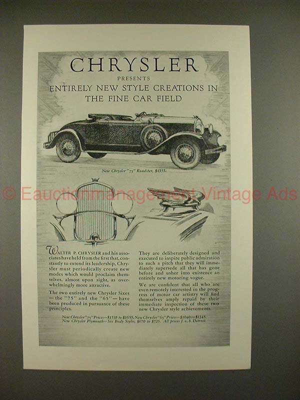 1928 Chrysler 75 Roadster Car Ad - The Fine Car Field! | eBay