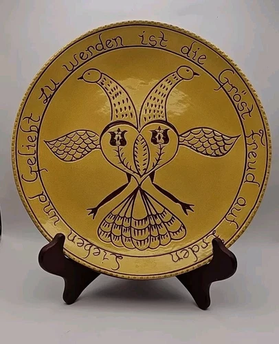 2009 Pennsylvania Redware Yellow Glazed German Folk Amish Art Wedding Plate 10"