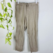 Uniqlo Size M 12 Pants Beige Straight Leg Cotton Linen High Waist Tie