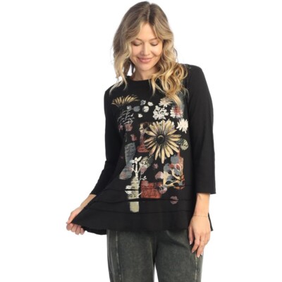 Jess & Jane Mineral Washed Cotton Floral Layered Tunic Top - Golden, Jet NWT