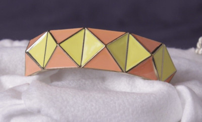 Peach, lemon and gold tone, 60's geometric style womens, fashion cuff bracelet