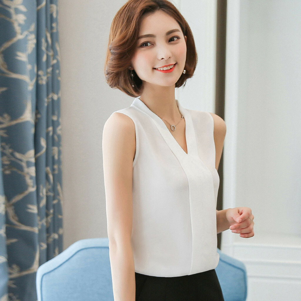 Plus Size UK Womens Summer Chiffon Sleeveless OL T Shirt Blouse Ladies