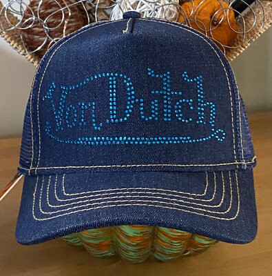 Von Dutch Men's Denim Trucker Snapback Adjustable Hat with Rhinestones