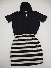 new ALLEGRA K #DR1281 Women's Size M Casual Hooded Navy Blue Striped Shirt Dress