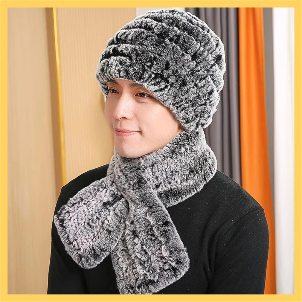 100% Real Rabbit Fur Hat and Scarf Thicken Winter Warm Knitted Cap for Men