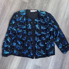Vintage Laurence Kazar Silk Beaded Sequin Jacket XL Blue Black Evening