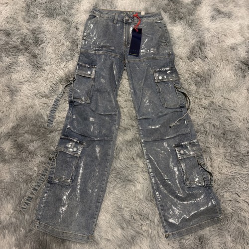 Vibrant VBRT Women’s Metallic Cargo Denim Jeans NWT Sz Small NWT Wide Leg