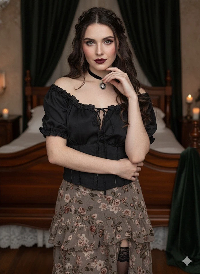 Corsé Bebe Negro Seda Lino Top Fuera del Hombro Y2K Lechera Coqueta Talla 4 Foto 3 de 4