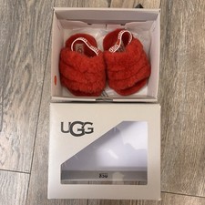 UGG Fluff Yeah Slipper Sandal Girls Size 02/03 Red Shearling Puff