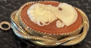 Oval Carved Portrait Cameo Pendant, Gold Tone Setting, Brown/White