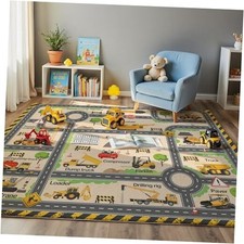 Construction Site Play Rug for Kids - Interactive Engineering Vehicles Faux