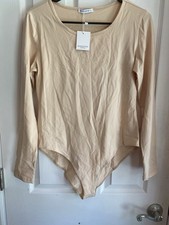 NWT Mango Pop Body Suit Tan Long Sleeves Stretch Knit