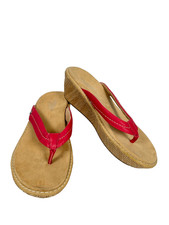 Vionic Orthaheel Grenada Pink Leather Thong Platform Wedge Sandals Comfort SZ 8