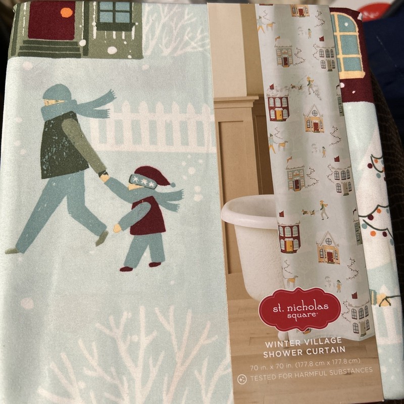 St Nicholas Square Winter Village Houses Buildings Town Fabric Shower Curtain 