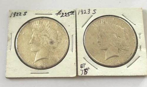Lot of 2  Peace $1 US Silver Dollars  90% Silver 1922s& 1923s EF