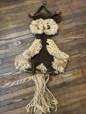 Vintage 1970's Boho Macrame Jute Bead Owl Wall Hanging Decor Folk Art 38  x 17  