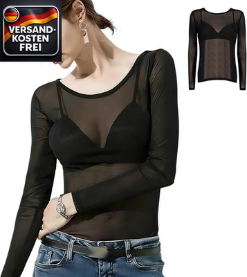 Damen Mesh Oberteile langarm transparent luftiges Netzshirt schwarz für Party un