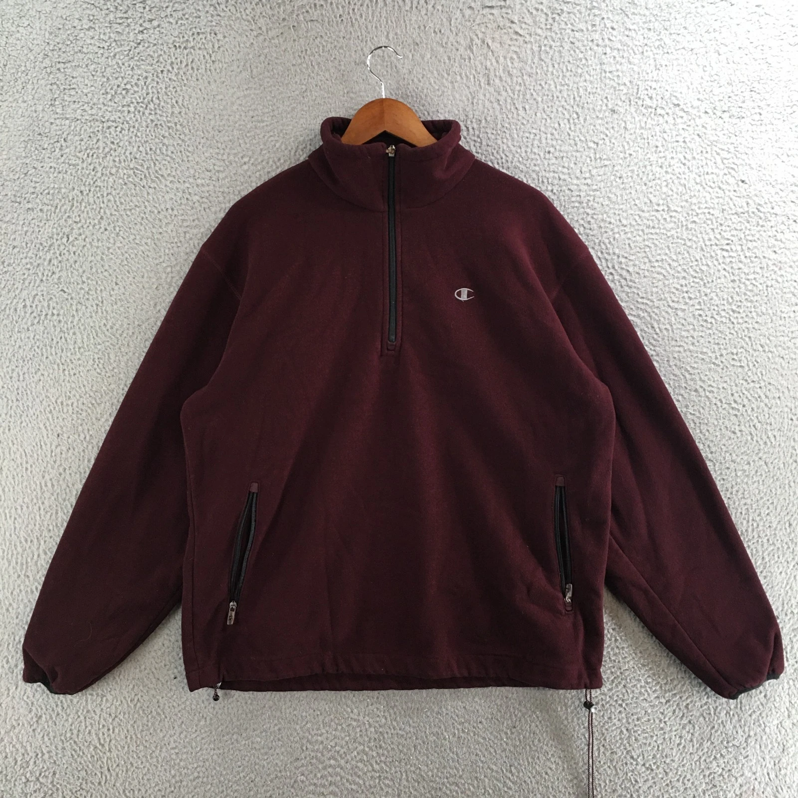 Champion Fleece Jacket Mens L Pullover Zipped Pockets High Neck 1/4 Zip Burgundy