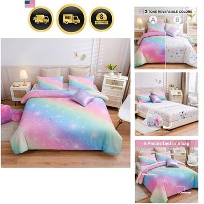 6Pcs Gradient Glitter Bedding Set for Girls Twin Size, Colorful Rainbow Galax...