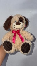 Holiday Home Plush Stuffed Dog Beige Brown Pink Ribbon Bow Small 6-14 in