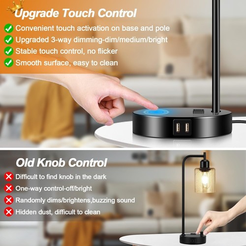 Set of 2 Industrial Touch Control Table Lamps with USB Ports AC Outlet Black - Picture 3 of 7
