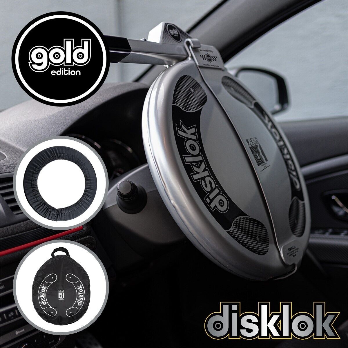 DISKLOK Gold Edition SMALL 35-38.9cm Silver Steering Wheel Lock Inc Bag & Cover