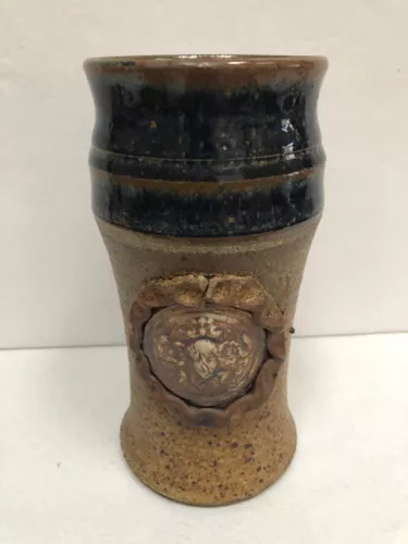 Vintage Mug Face Glazed Stoneware Pottery Mug Blue Brown Signed
