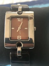 Merona Brown Dial Silver Tone Rectangle Case Faux Tortoise Shell Band Watch