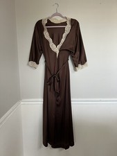 Stunning Vintage VANITY FAIR Long Brown/CreamSilky Lace Lined Wrap Robe Size 34