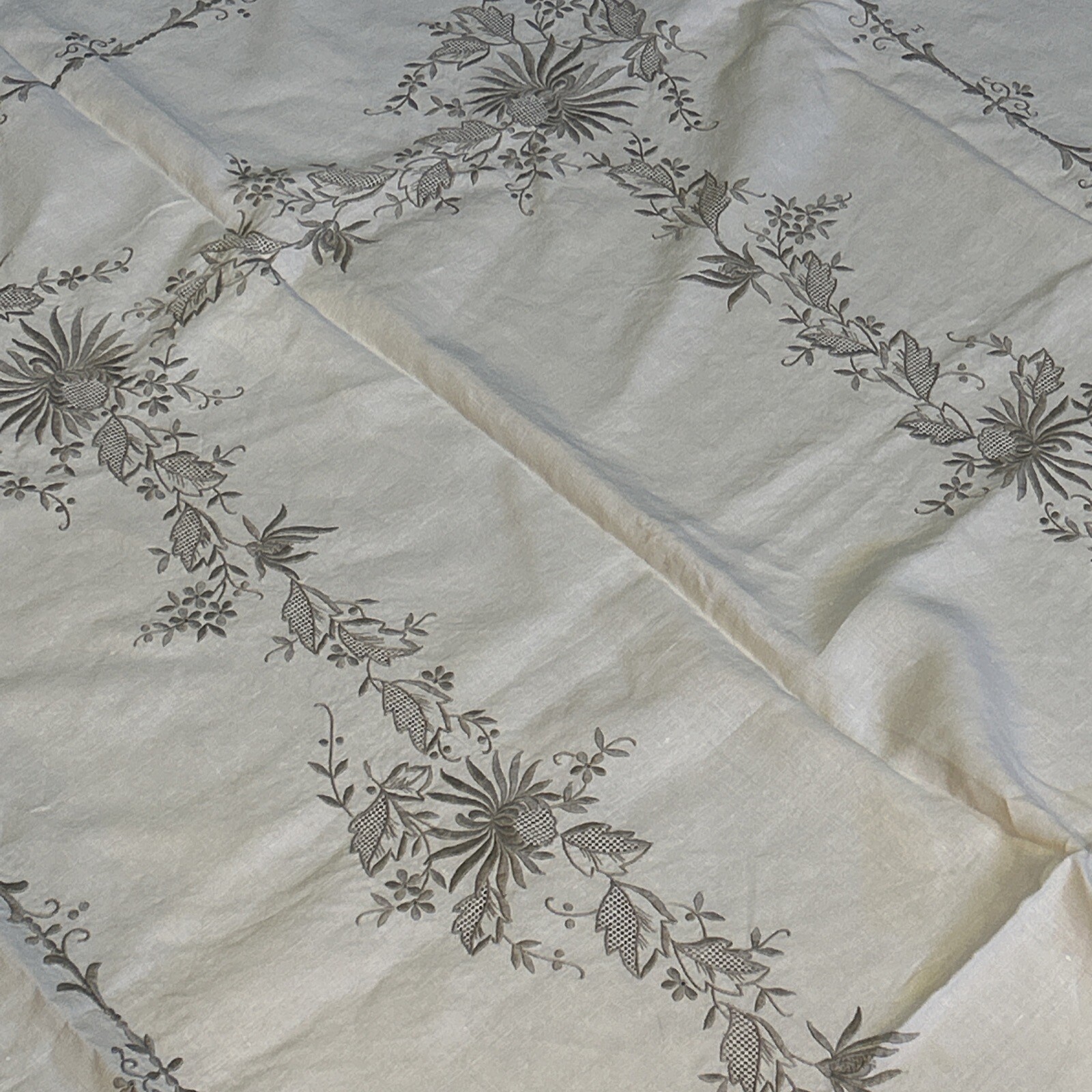 Vintage Linen Tablecloth Embroidery Cutwork Beige 98”x64” Tablecloth eBay