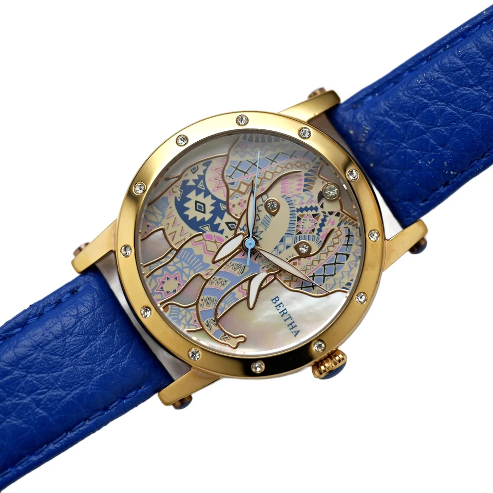 Reloj Pulsera Bertha Chapado en Oro Madreperla 38mm Esfera Elefante Cuero Azul Foto 2 de 4