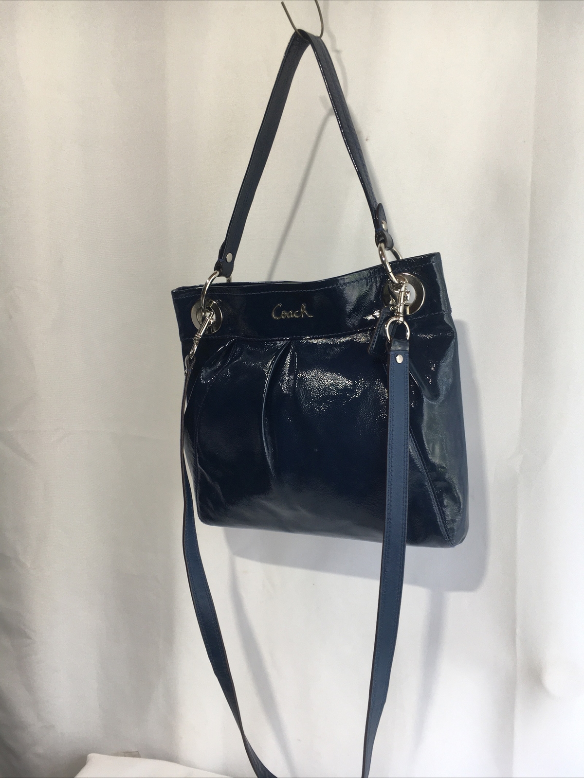 COACH Ashley Navy Blue Patent Pleated Leather Bag F17953