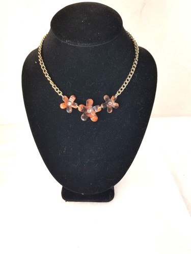 Plastic Necklace Flowers Rhinestones Snap Clasp Vintage