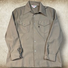 Vintage Levi s Western Shirt 70s Big E Beige Polyester Pearl Snap Size Medium