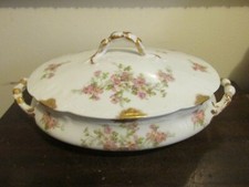 Coronet Limoges France Oval Covered Tureen Serving Bowl Pink Roses Flowers