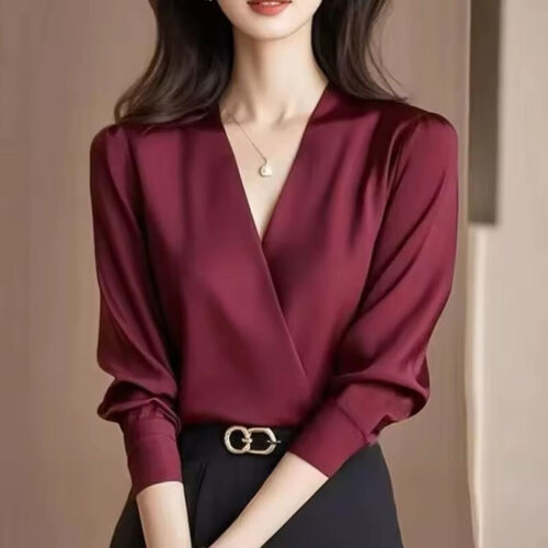 2025 NEW Red V-neck Long-sleeved Shirt Women Unique Early Autumn Top Blouse